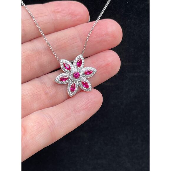 Created Ruby Cubic Zirconia Flower Pendant Necklace Sterling Silver - Picture 3 of 8